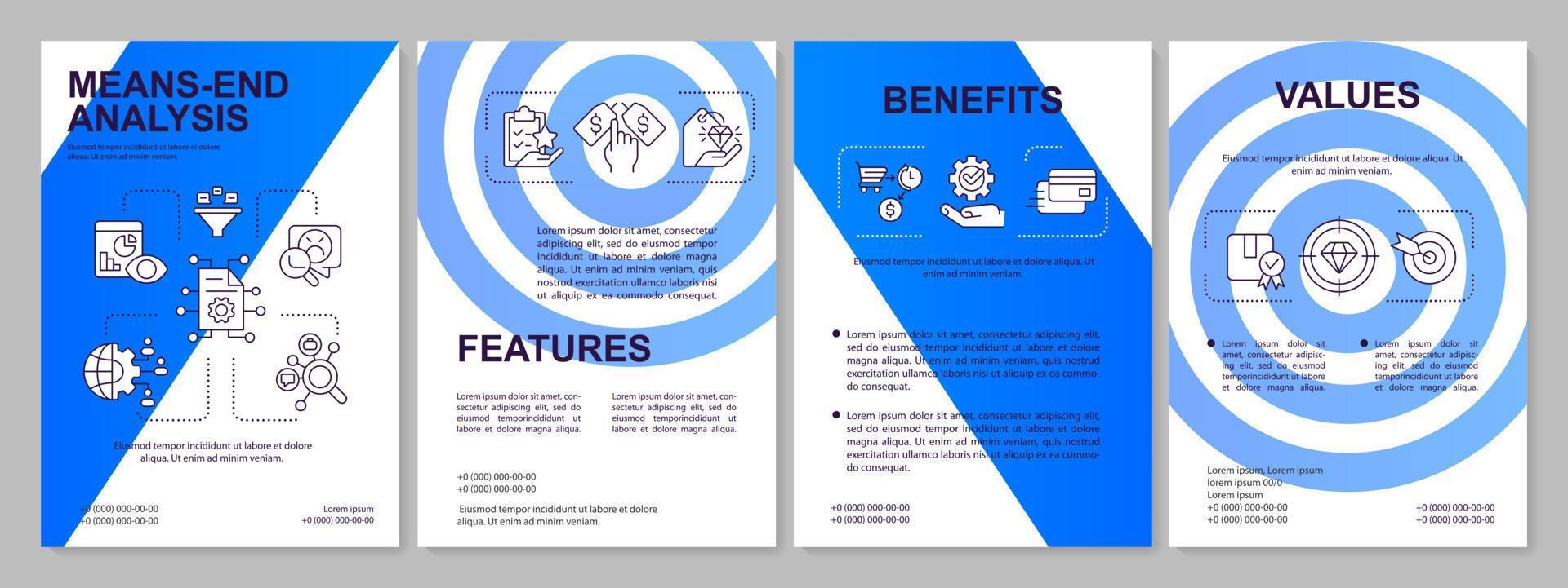 Means end analysis categories blue brochure template. Customer needs. Leaflet design with linear icons. 4 vector layouts for presentation, annual reports.