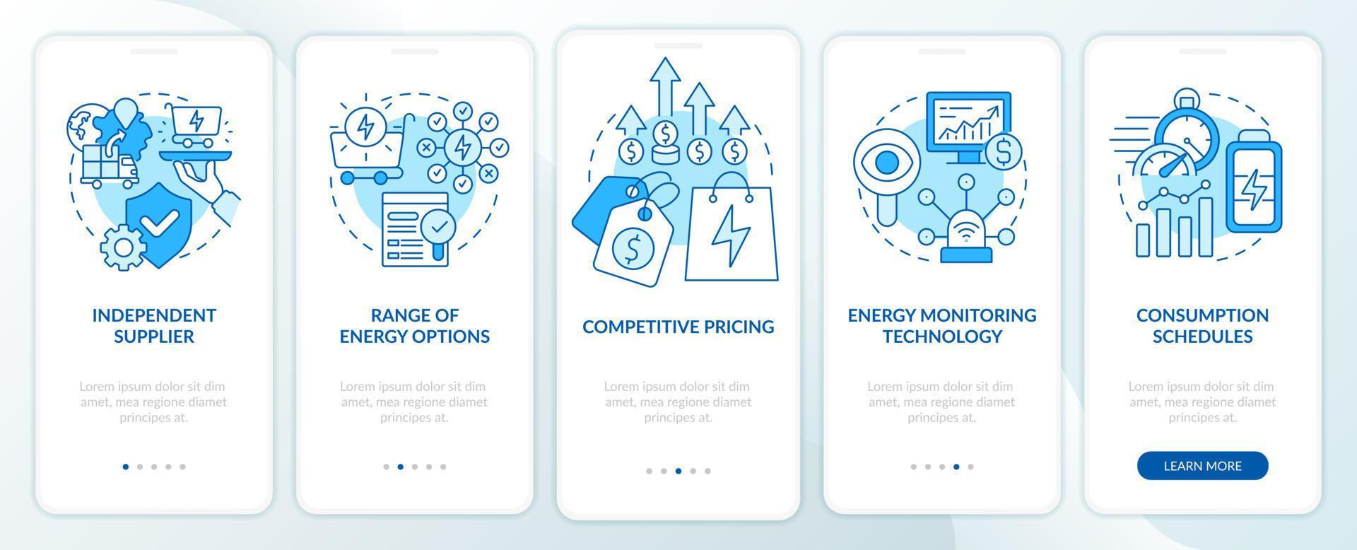 componentes clave de la estrategia energética pantalla azul de la aplicación móvil de incorporación. tutorial 5 pasos páginas de instrucciones gráficas con conceptos lineales. interfaz de usuario, ux, plantilla de interfaz gráfica de usuario. vector