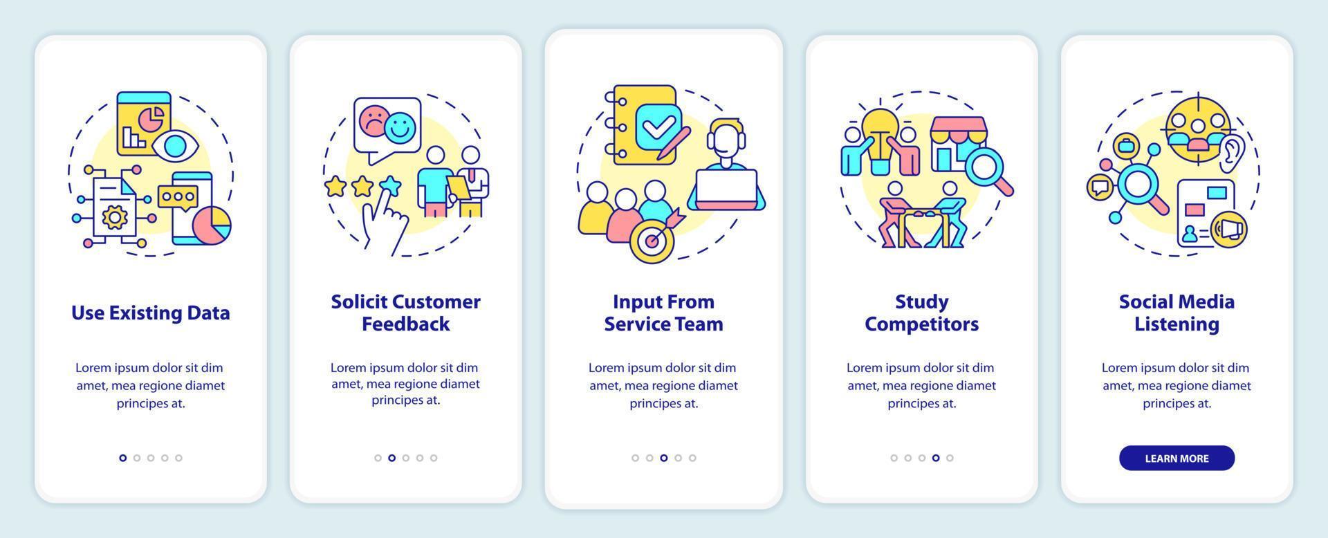 Identifying customer needs onboarding mobile app screen. Walkthrough 5 steps graphic instructions pages with linear concepts. UI, UX, GUI template. vector