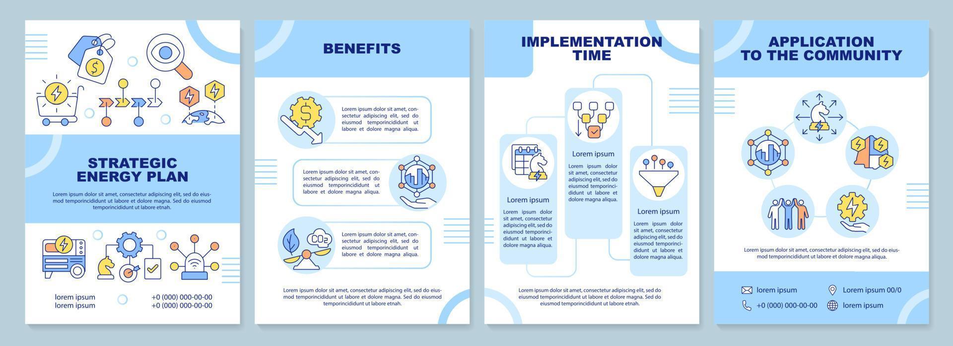 Plantilla de folleto azul del plan estratégico de energía. tiempo de implementación. diseño de folletos con iconos lineales. 4 diseños vectoriales para presentación, informes anuales. vector