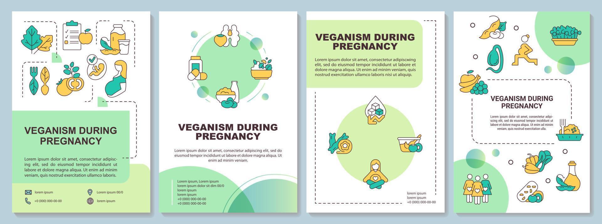 Veganism during pregnancy green brochure template. Balanced nutrition. Leaflet design with linear icons. 4 vector layouts for presentation, annual reports.