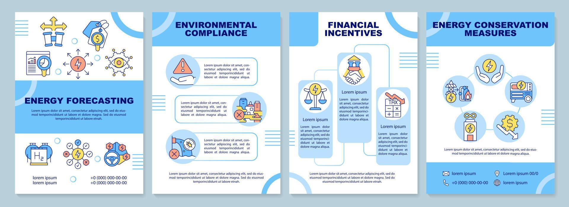 Strategic energy planning blue brochure template. Financial incentives. Leaflet design with linear icons. 4 vector layouts for presentation, annual reports.