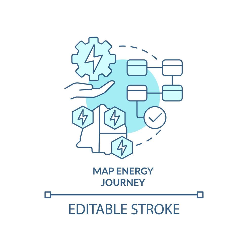 mapa energía viaje turquesa concepto icono. camino a la estrategia energética idea abstracta ilustración de línea delgada. visualización. dibujo de contorno aislado. trazo editable. vector