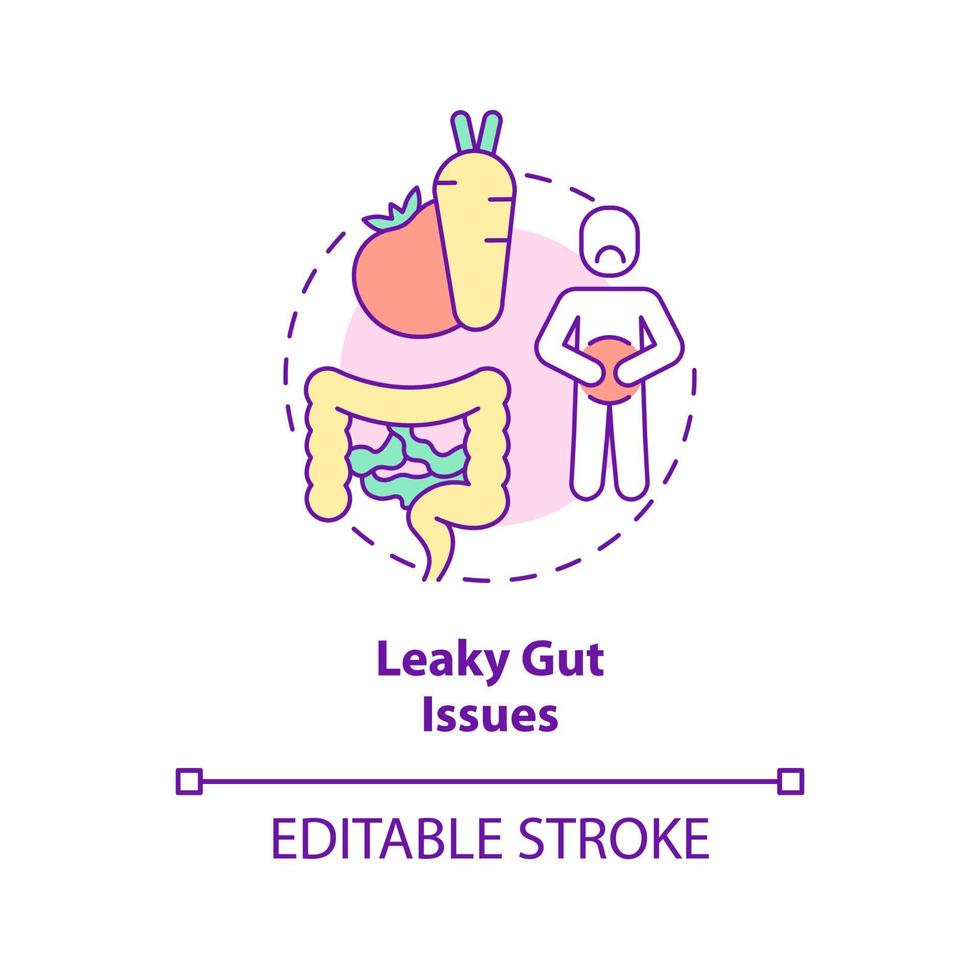 Leaky gut issues concept icon. Bloating and cramps problem. Side effect abstract idea thin line illustration. Isolated outline drawing. Editable stroke. vector