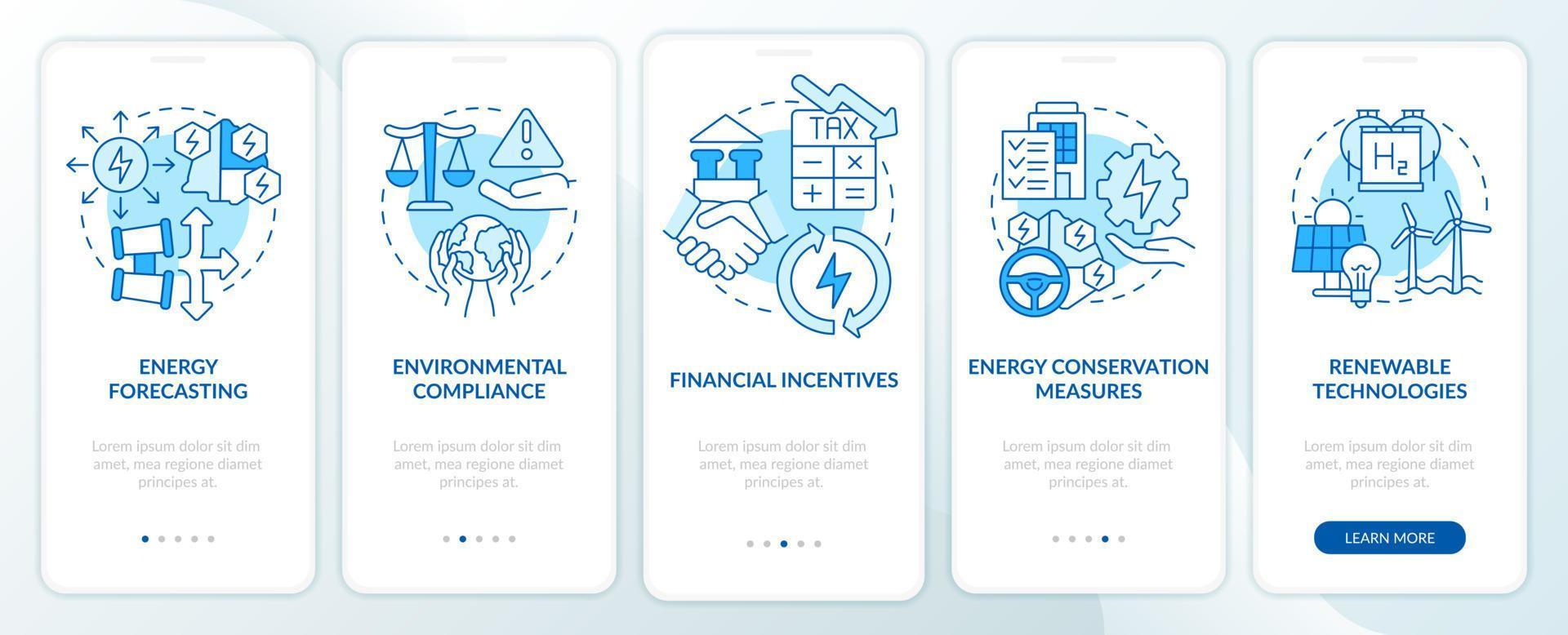 pantalla de aplicación móvil de incorporación de gestión estratégica de energía azul. tutorial 5 pasos páginas de instrucciones gráficas con conceptos lineales. interfaz de usuario, ux, plantilla de interfaz gráfica de usuario. vector