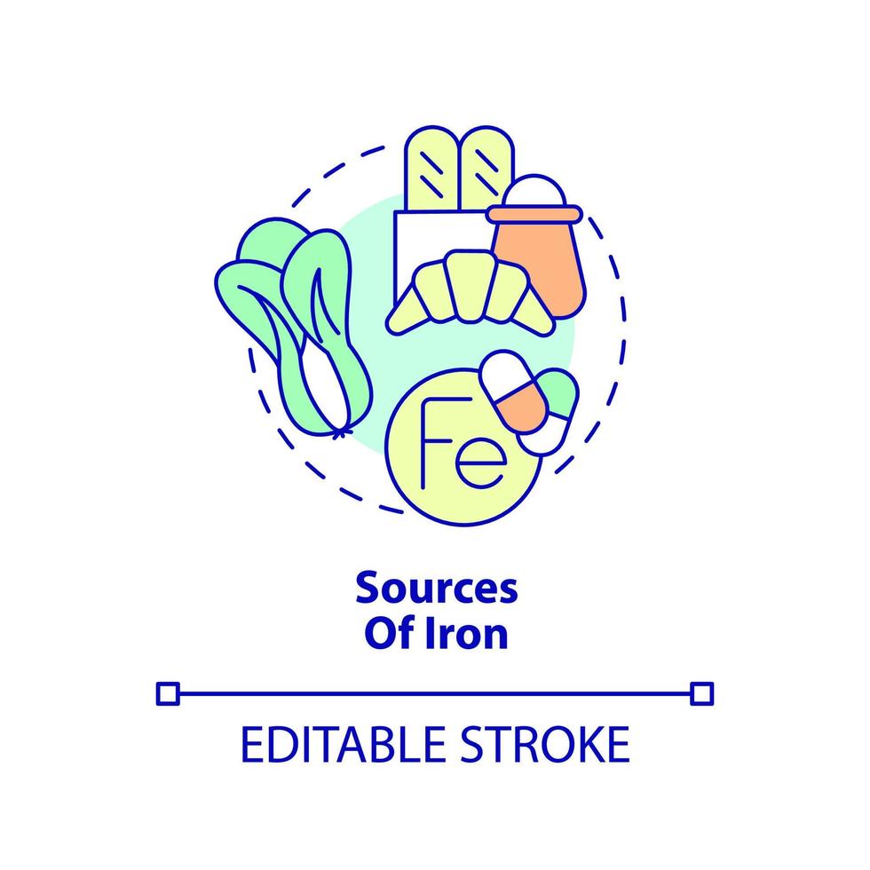 Sources of iron concept icon. Green vegetables and bread. Source of nutrients abstract idea thin line illustration. Isolated outline drawing. Editable stroke. vector