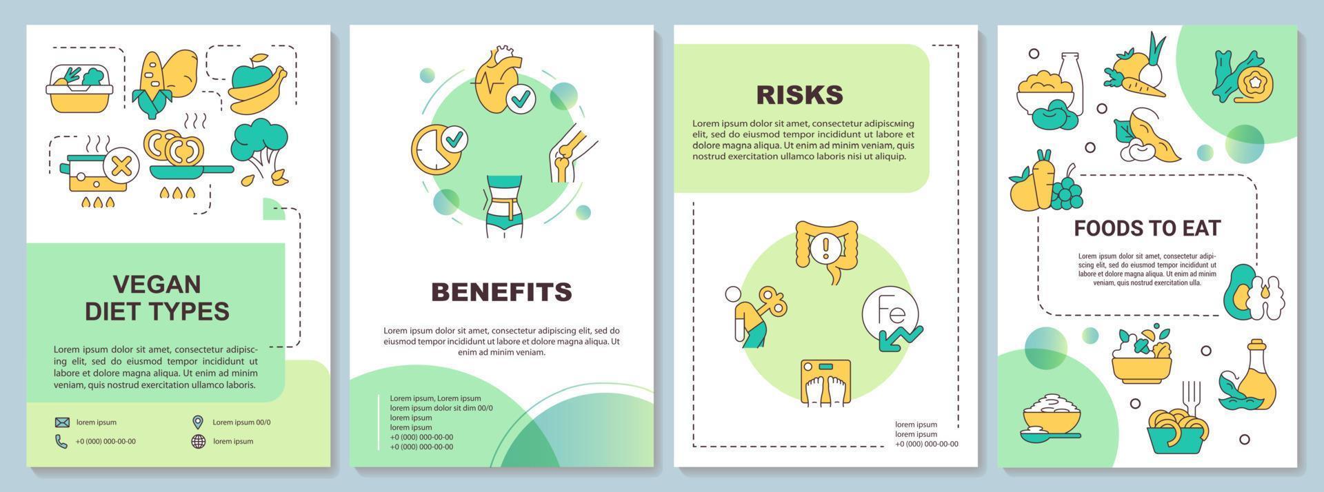 Vegan lifestyle guide green brochure template. Plant based eating. Leaflet design with linear icons. 4 vector layouts for presentation, annual reports.