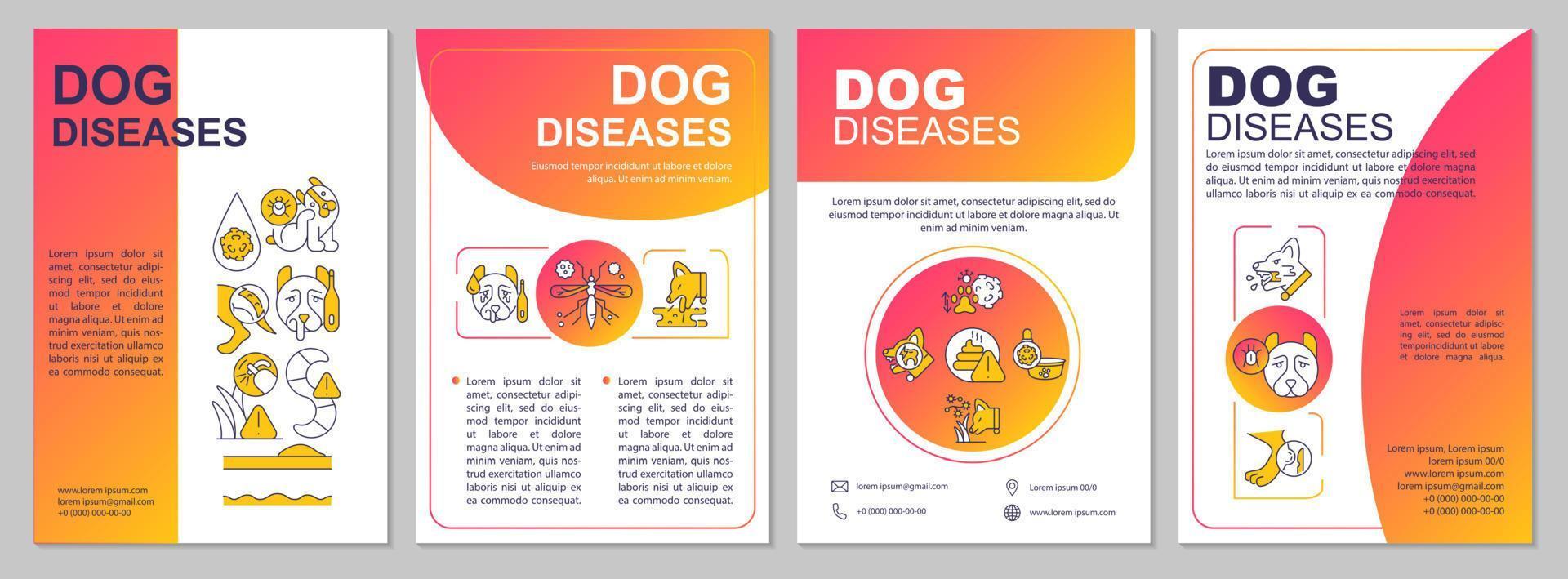 Common canine diseases red gradient brochure template. Dog conditions. Leaflet design with linear icons. 4 vector layouts for presentation, annual reports.