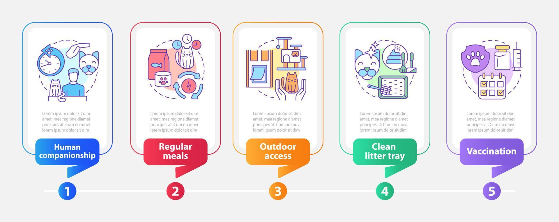 traer nueva plantilla infográfica de rectángulo de consejos para el hogar del gato. visualización de datos con 5 pasos. gráfico de información de la línea de tiempo del proceso. diseño de flujo de trabajo con iconos de línea. vector