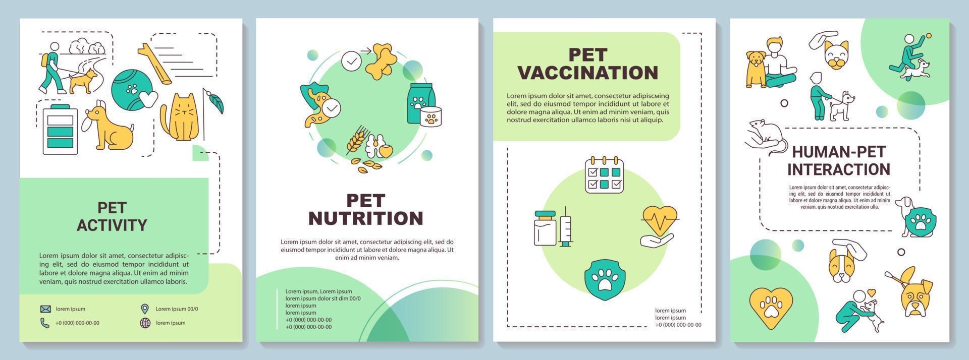 Proper pet care routine green brochure template. Human-pet interaction. Leaflet design with linear icons. 4 vector layouts for presentation, annual reports.