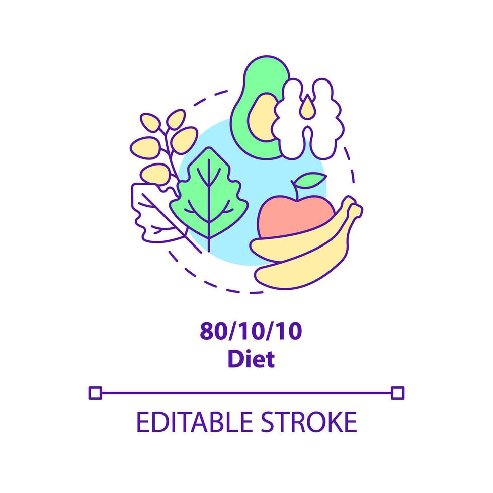 Low fat raw vegan diet concept icon. 80, 10, 10 dieting. Variety of vegan diet abstract idea thin line illustration. Isolated outline drawing. Editable stroke. vector