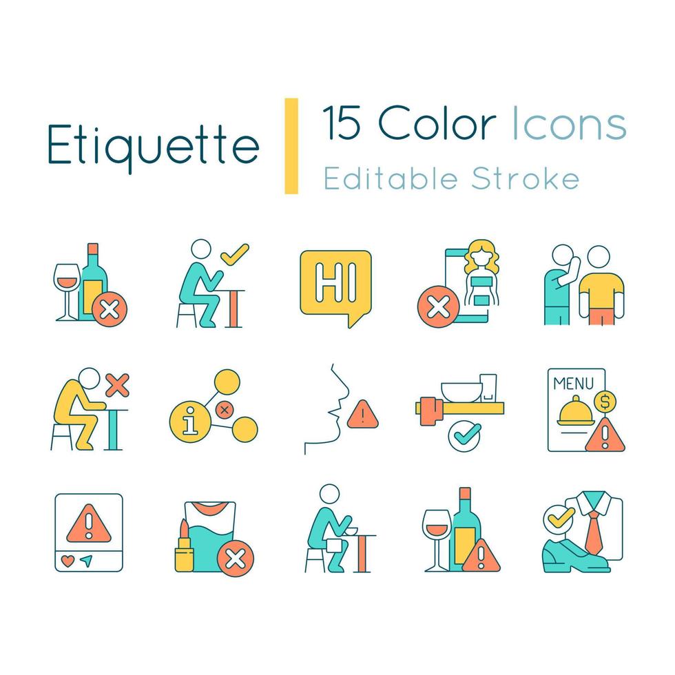 Etiquette RGB color icons set. Set of rules and norms. Ethical behavior. Politeness and manners. Isolated vector illustrations. Simple filled line drawings collection. Editable stroke