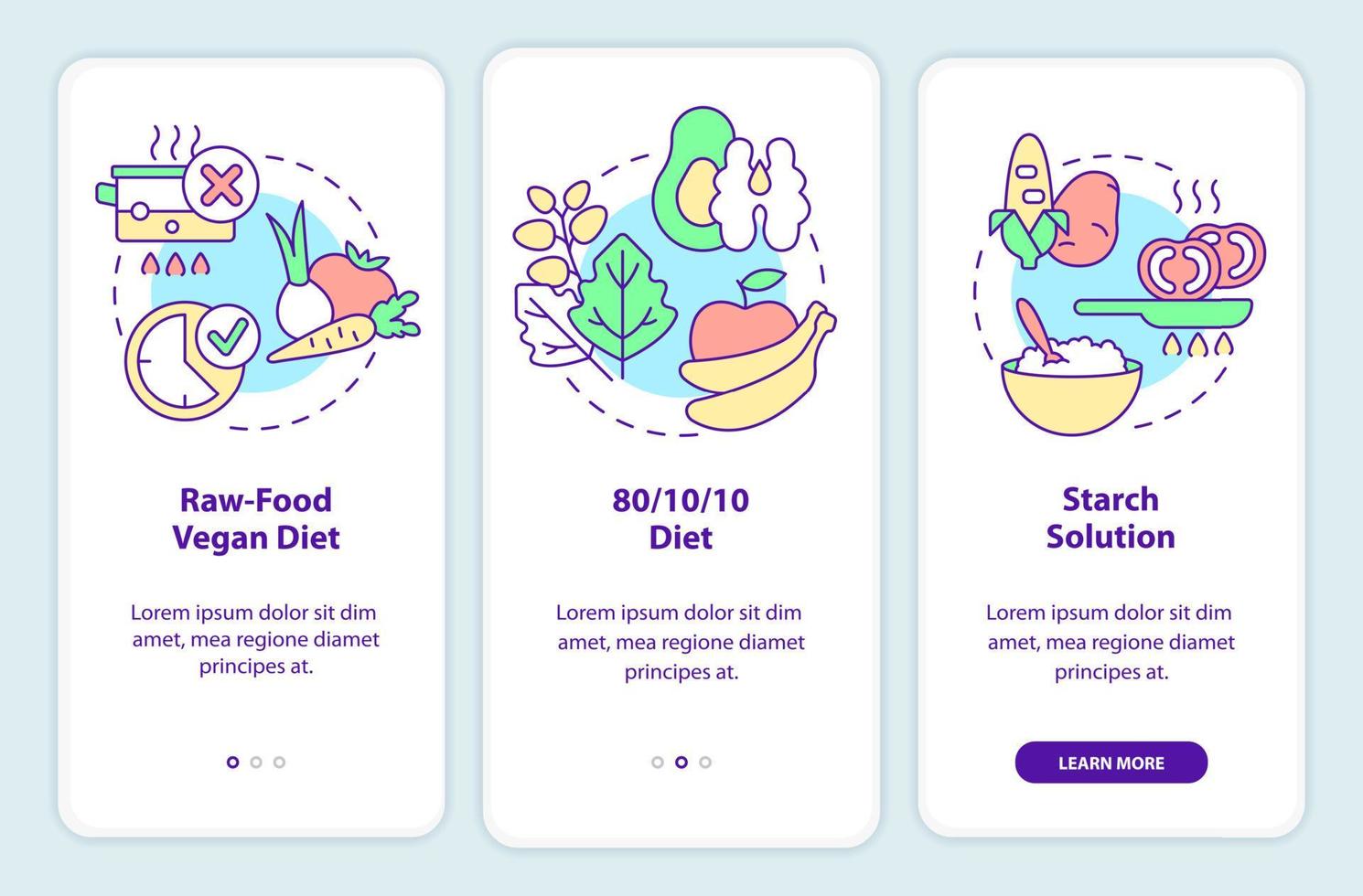 Varieties of vegan diet onboarding mobile app screen. Walkthrough 3 steps graphic instructions pages with linear concepts. UI, UX, GUI template. vector