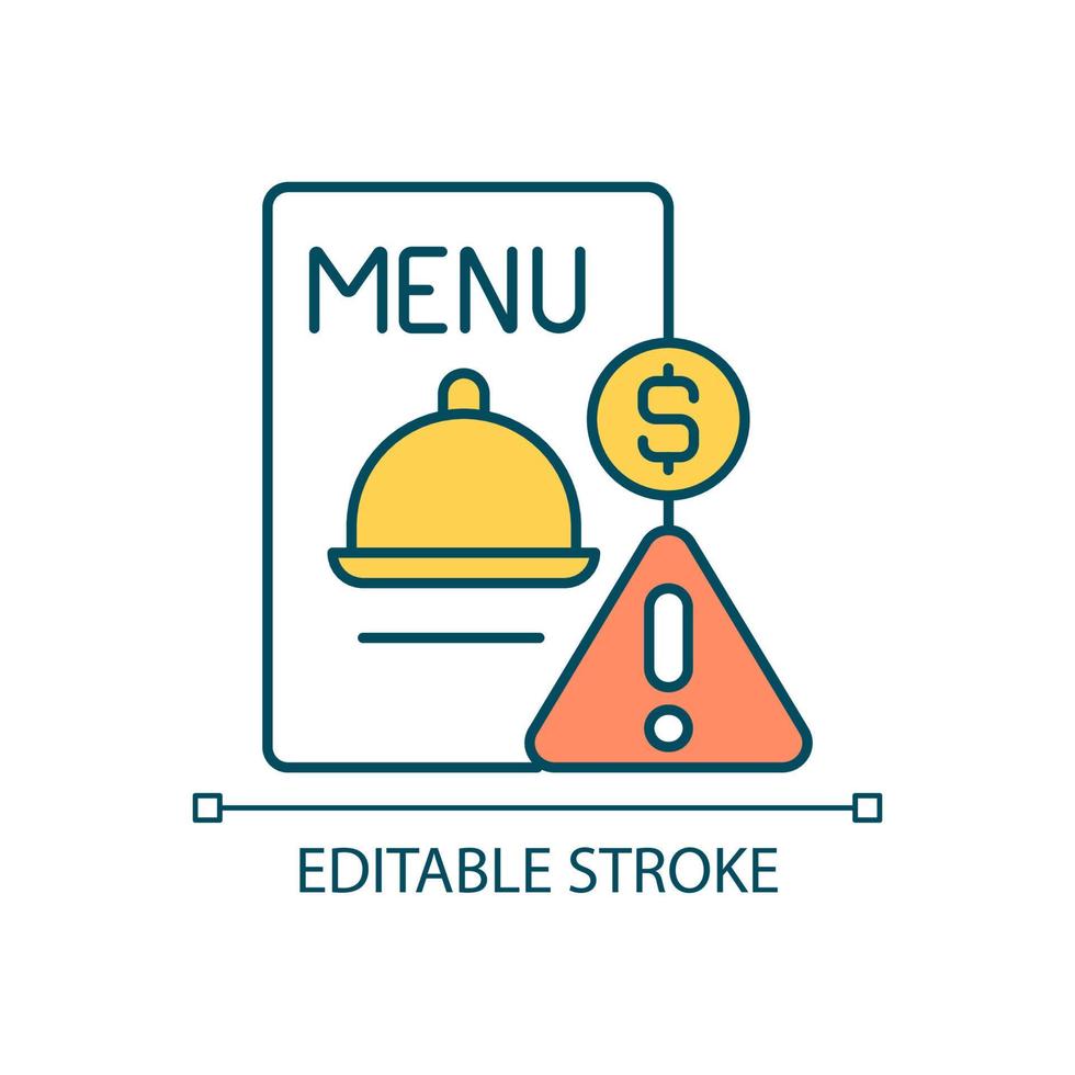 Menu prices RGB color icon. Paying for restaurant bill. List of dishes in cafe. Caution sign. Isolated vector illustration. Simple filled line drawing. Editable stroke.