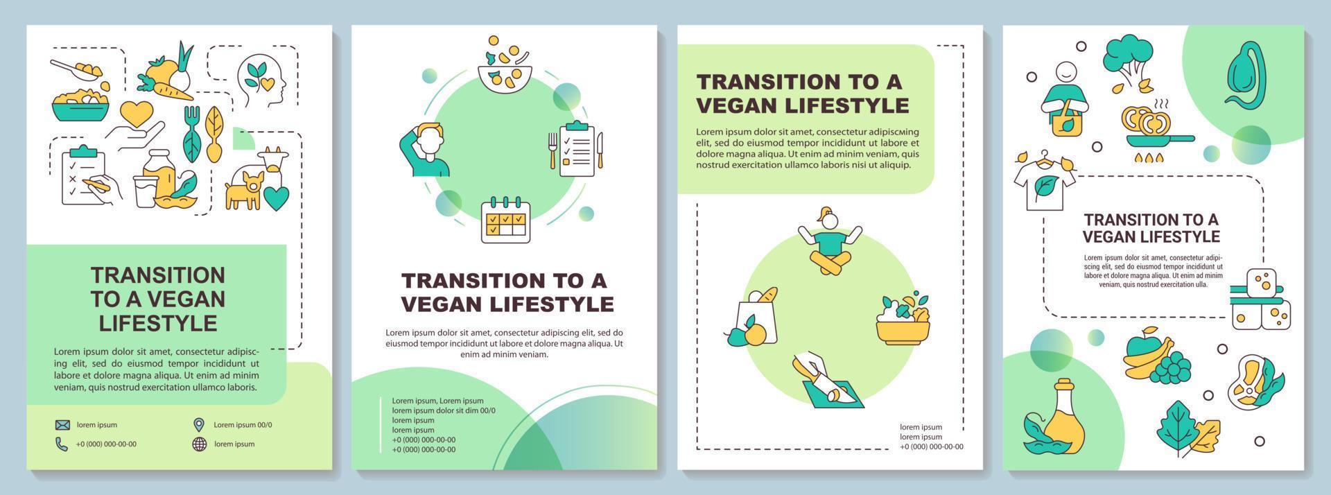 Transition to vegan lifestyle green brochure template. Plant based diet. Leaflet design with linear icons. 4 vector layouts for presentation, annual reports.