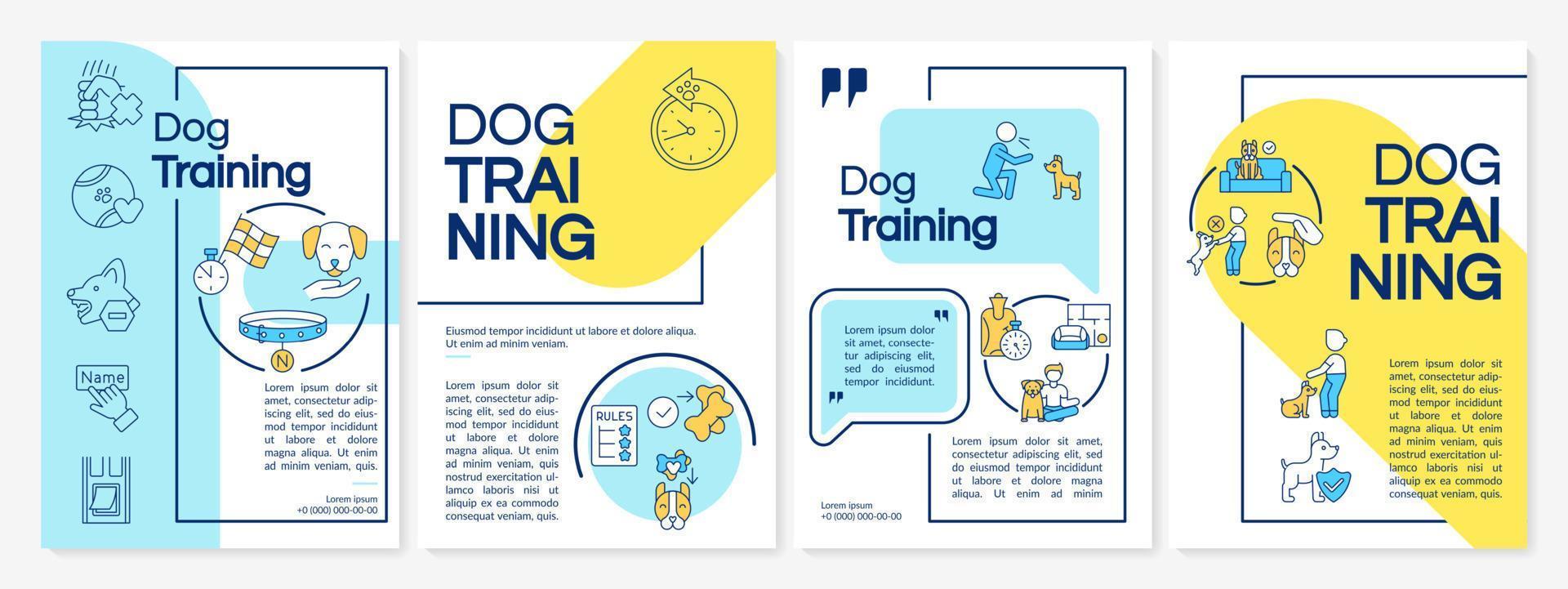 plantilla de folleto azul y amarillo de la escuela profesional de entrenamiento de perros. diseño de folletos con iconos lineales. 4 diseños vectoriales para presentación, informes anuales. vector