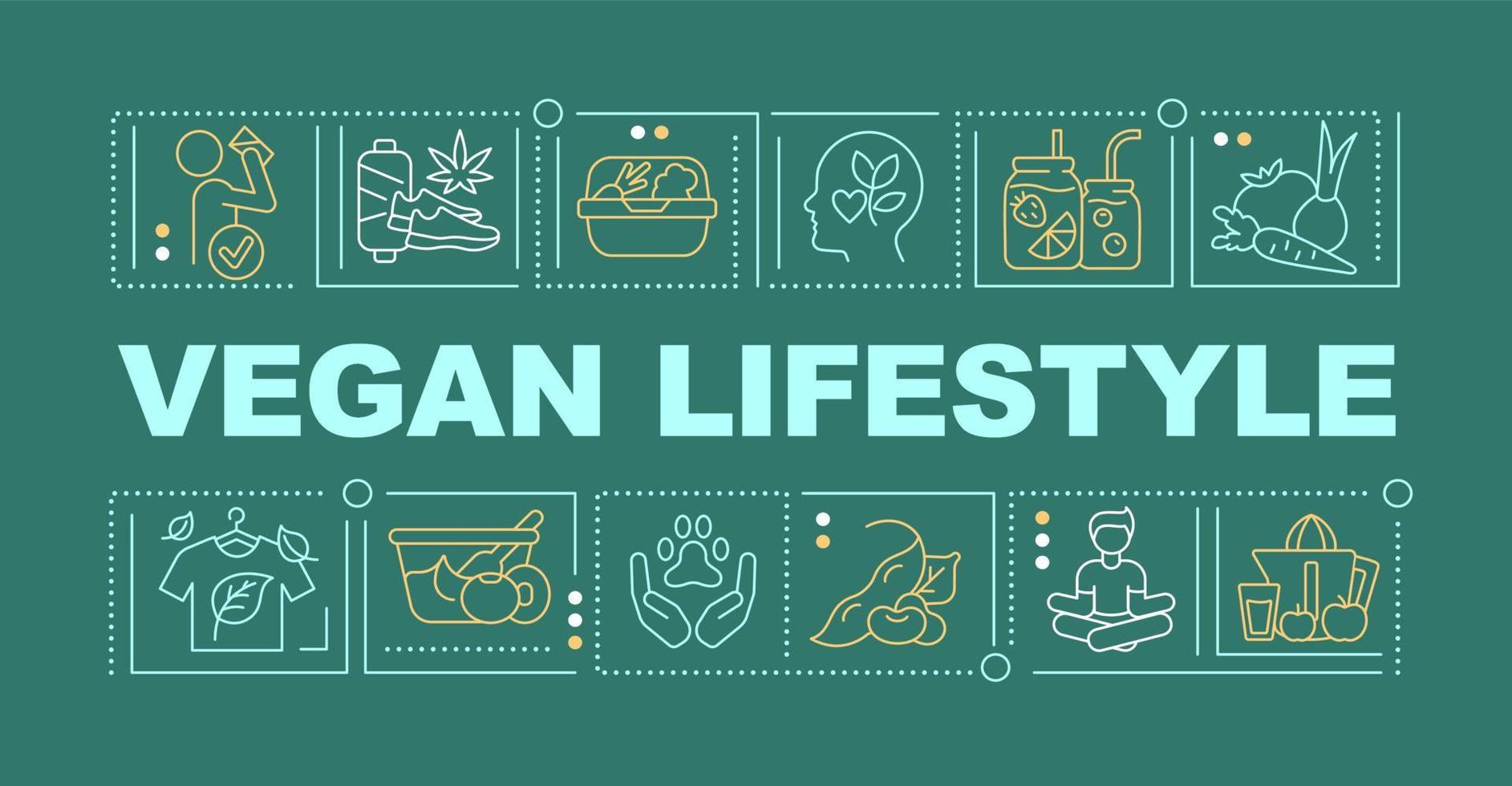 Vegan lifestyle word concepts dark green banner. Plant based nutrition. Infographics with icons on color background. Isolated typography. Vector illustration with text.