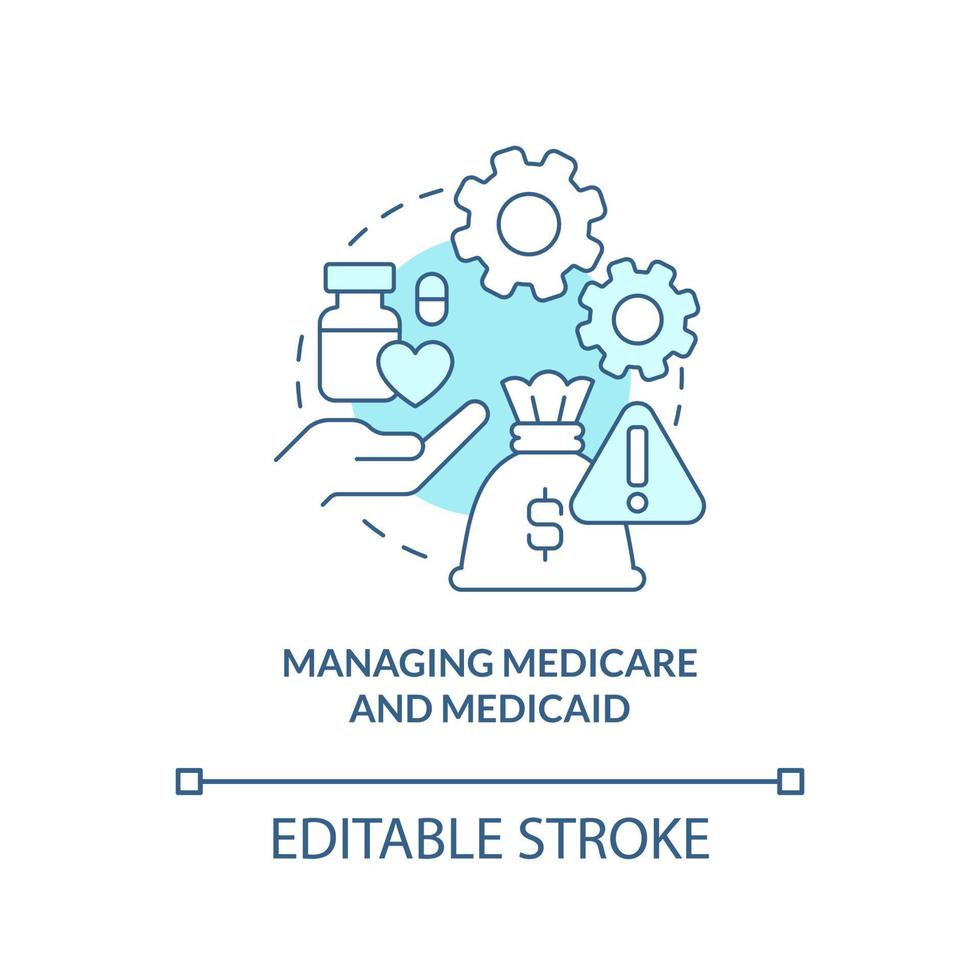 Managing medicare and medicaid turquoise concept icon. Healthcare difficulty abstract idea thin line illustration. Isolated outline drawing. Editable stroke. vector