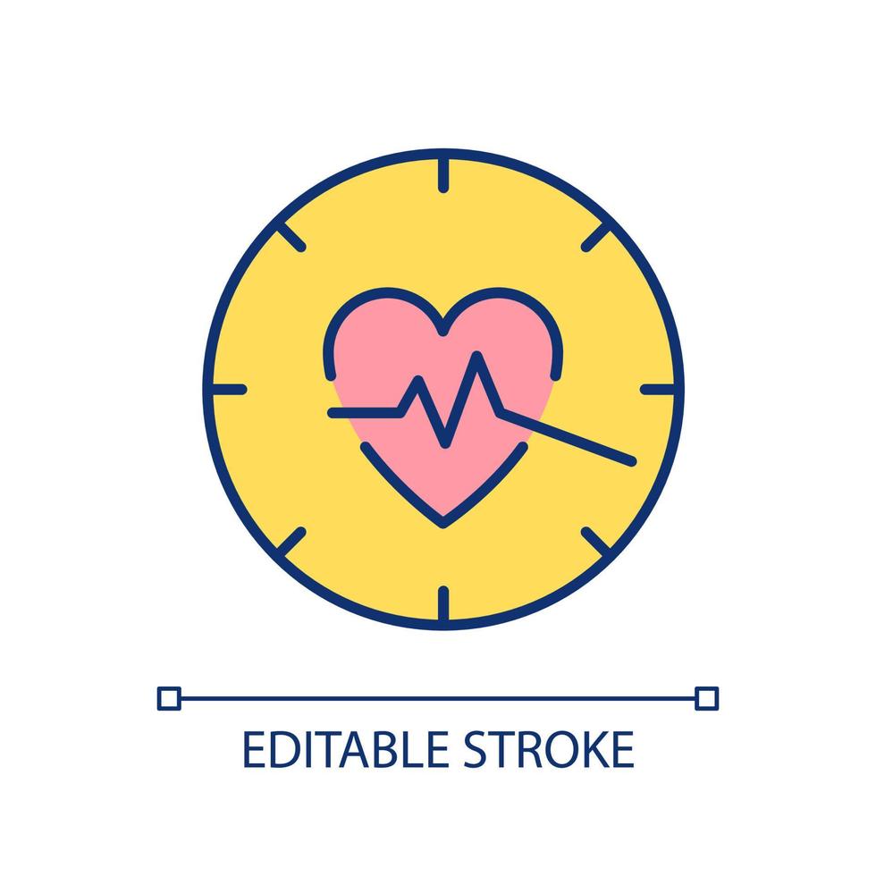 Regular cardiological examination RGB color icon. Heart, cardiogram and clock. Healthcare service. Isolated vector illustration. Simple filled line drawing. Editable stroke.