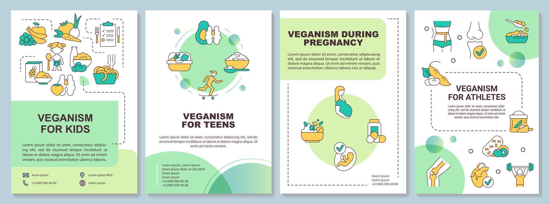 Vegan lifestyle for everyone green brochure template. Leaflet design with linear icons. 4 vector layouts for presentation, annual reports.