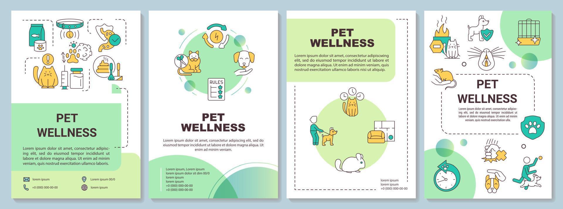 Feline and canine wellness green brochure template. Veterinary care. Leaflet design with linear icons. 4 vector layouts for presentation, annual reports.