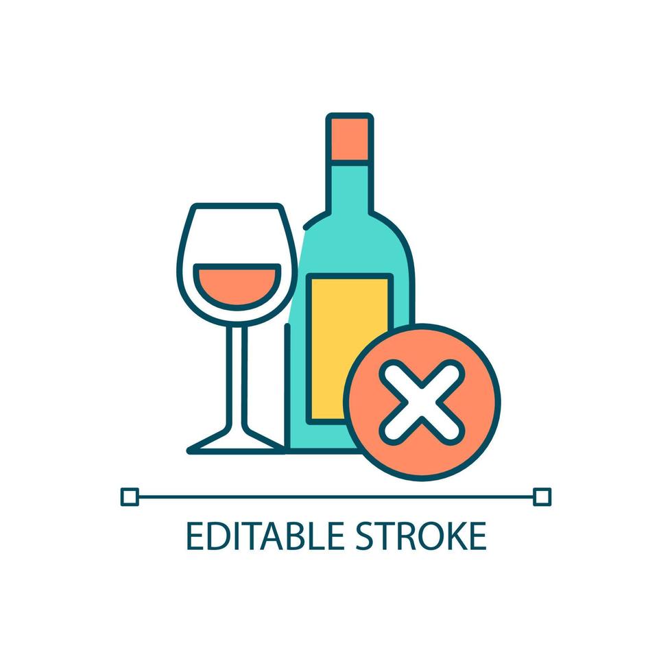 No alcohol RGB color icon. Break off bad habit and addiction. Reduce usage of red wine. Ban liquor. Isolated vector illustration. Simple filled line drawing. Editable stroke.