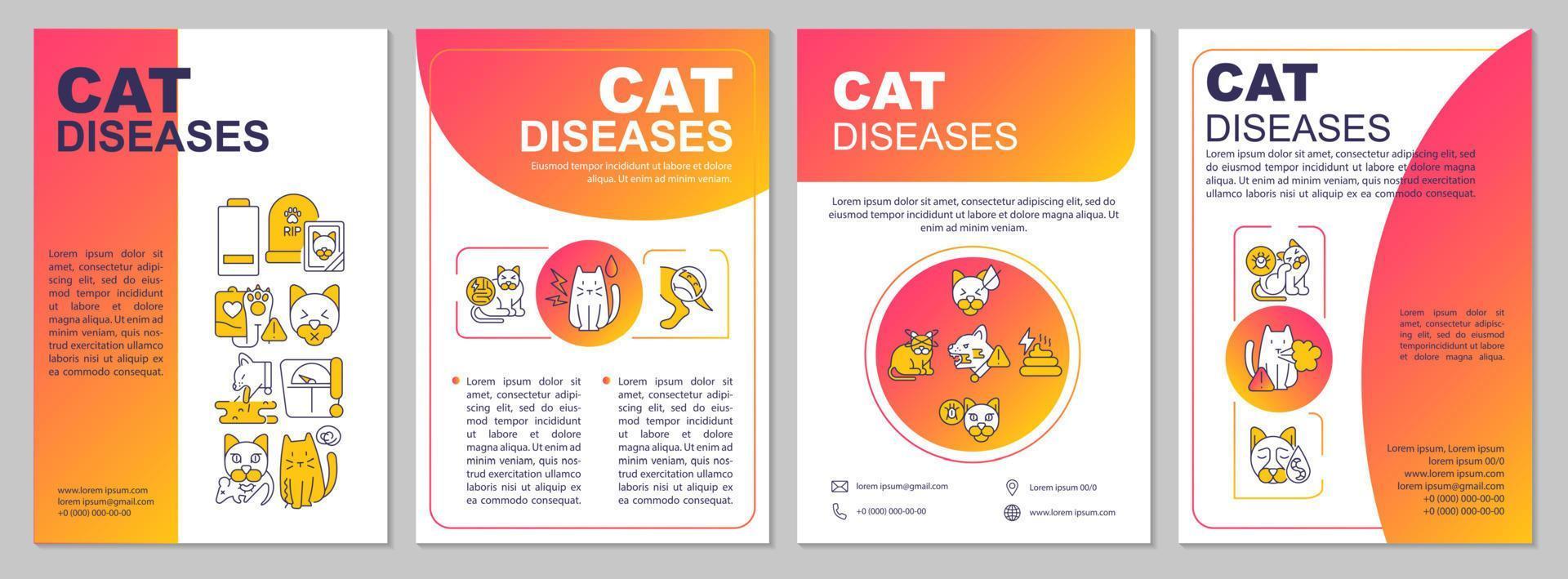 Common feline diseases red gradient brochure template. Illnesses treatment. Leaflet design with linear icons. 4 vector layouts for presentation, annual reports.