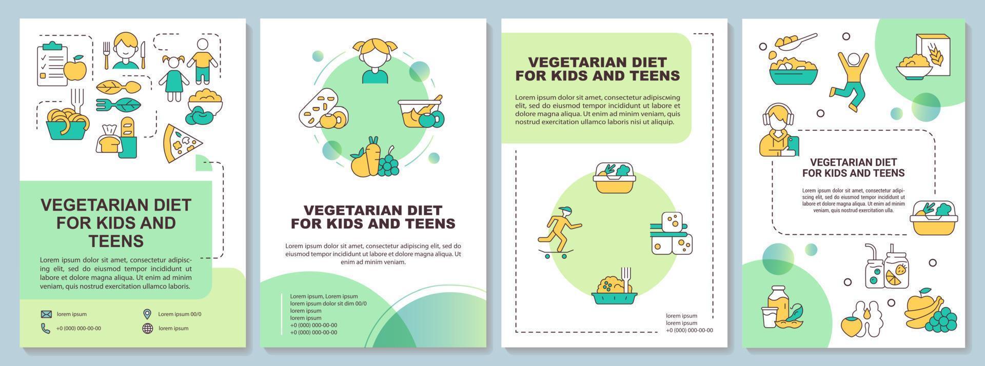 Vegetarian diet for kids and teens green brochure template. Leaflet design with linear icons. 4 vector layouts for presentation, annual reports.