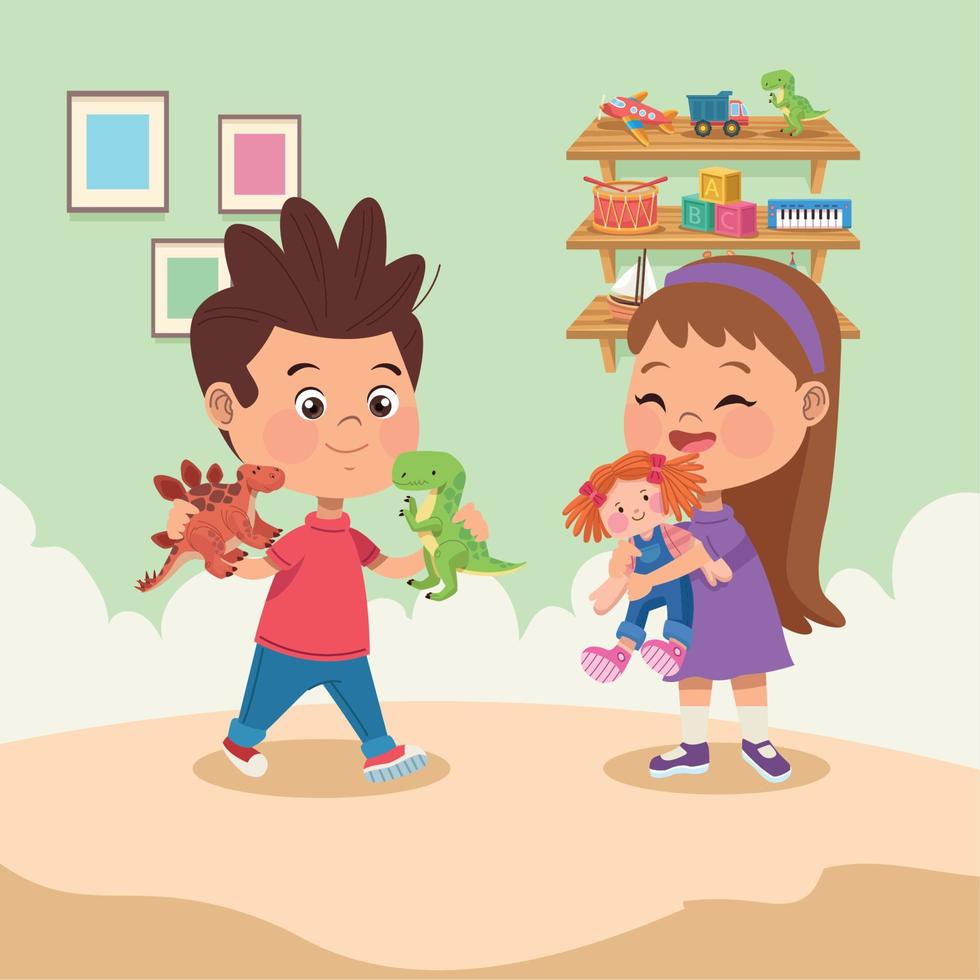 happy kids couple with toys vector