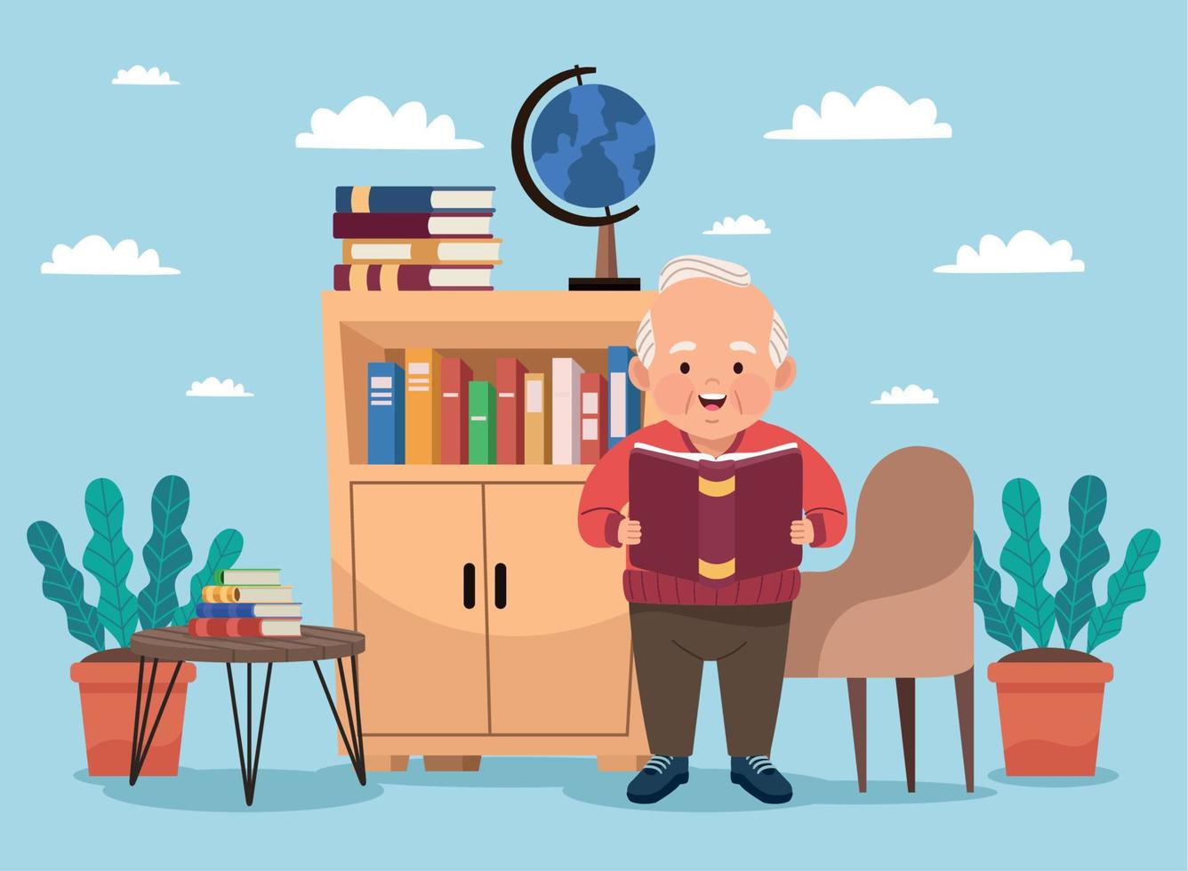 grandfather studing in library vector