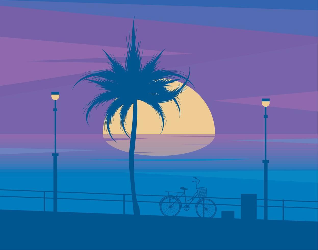sunset seascape with bicycle vector