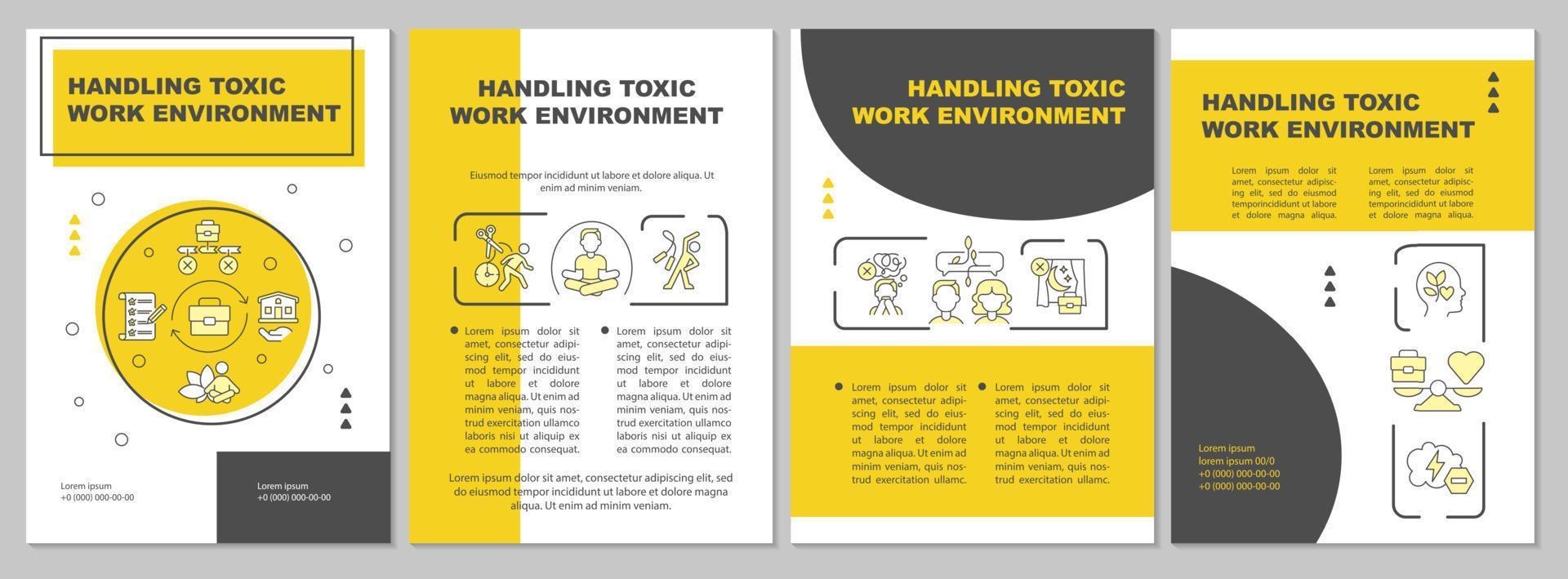 Handling toxic work environment yellow brochure template. Leaflet design with linear icons. 4 vector layouts for presentation, annual reports.