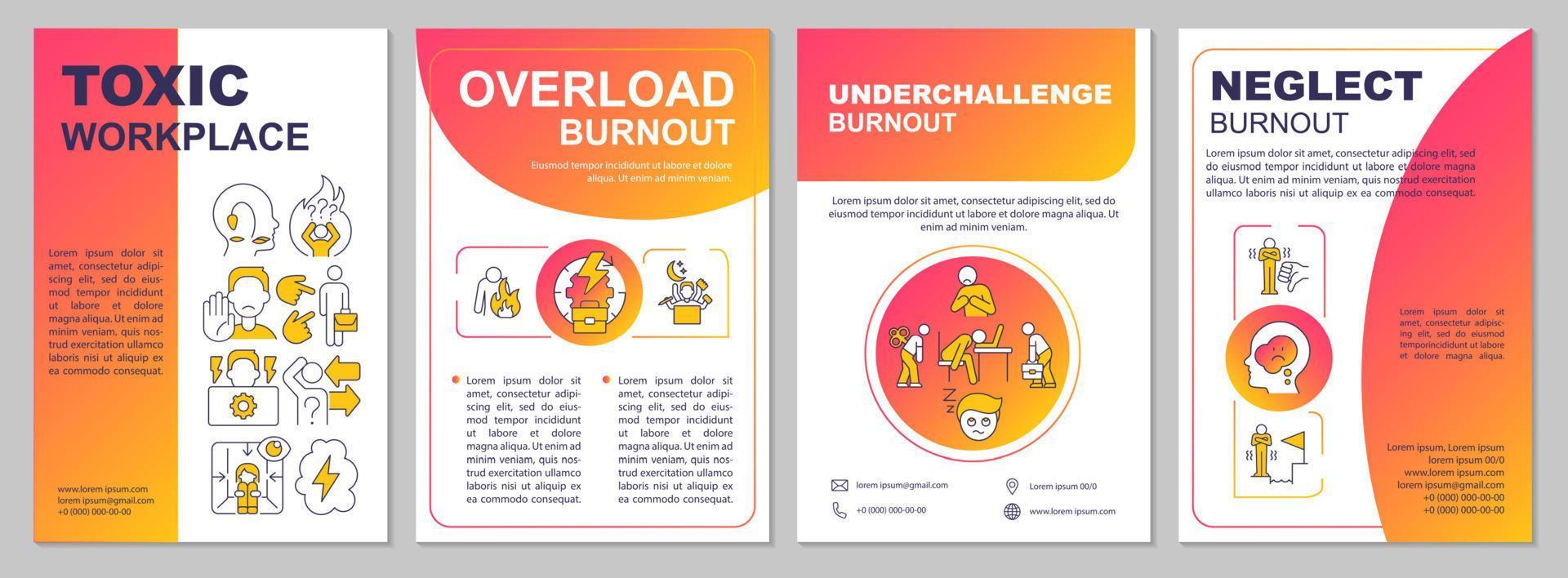 Types of burnout red gradient brochure template. Overworking and stress. Leaflet design with linear icons. 4 vector layouts for presentation, annual reports.