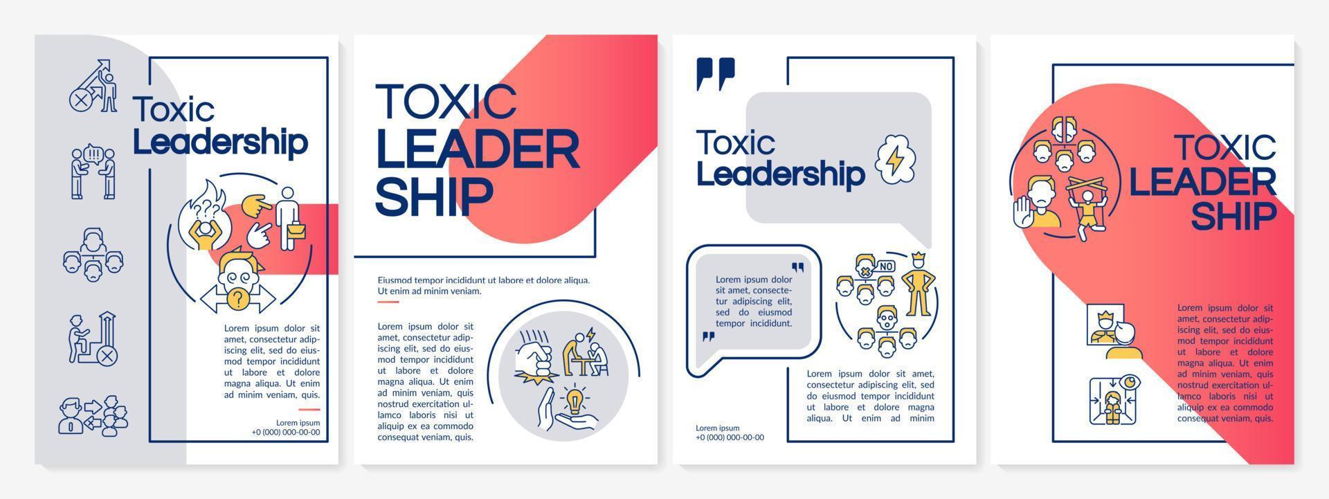 Toxic leadership red and grey brochure template. Abusive and hostile ceo. Leaflet design with linear icons. 4 vector layouts for presentation, annual reports.