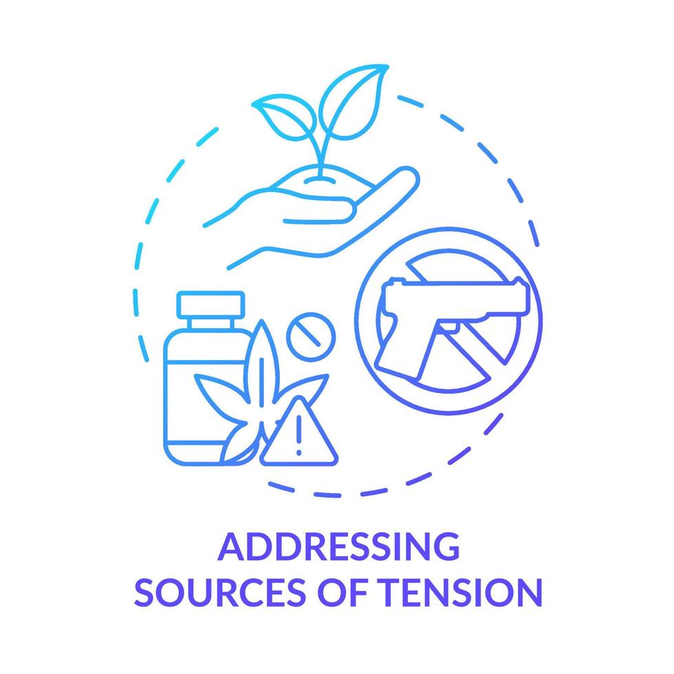 Addressing sources of tension blue gradient concept icon. Armed conflicts prevention solution abstract idea thin line illustration. Isolated outline drawing. vector