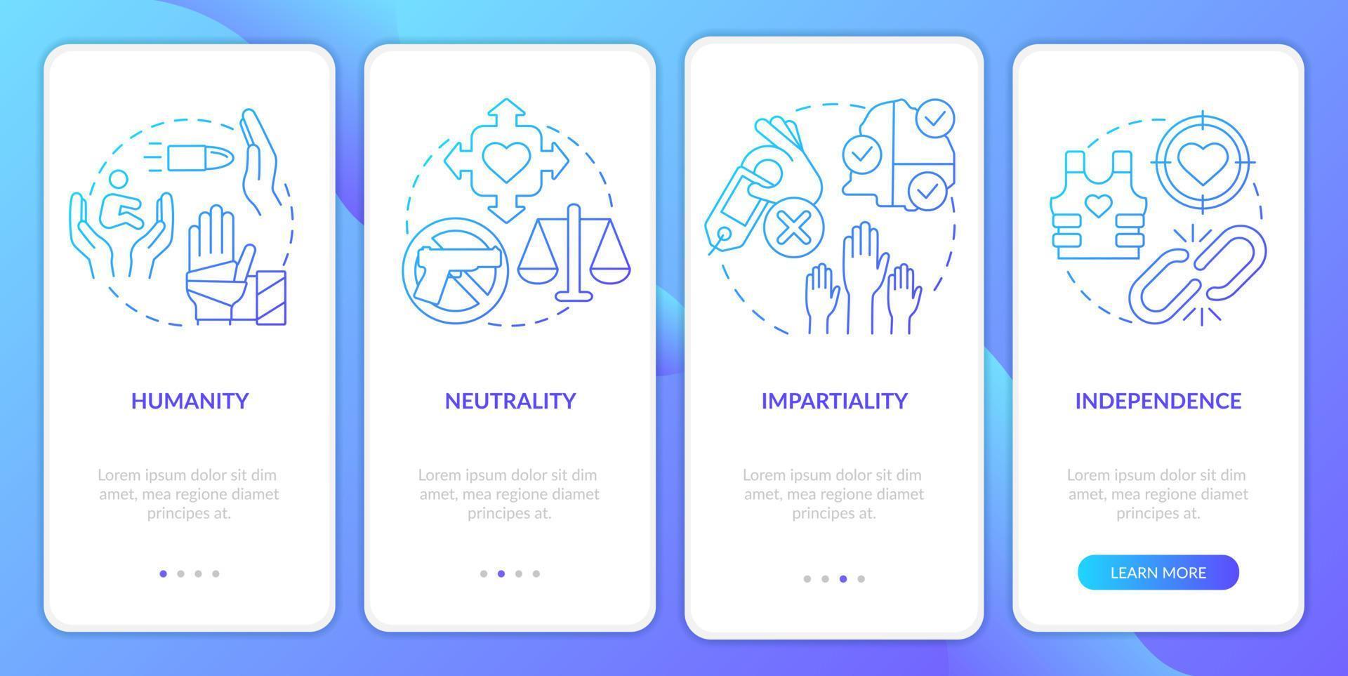 Foreign assistance basis blue gradient onboarding mobile app screen. Walkthrough 4 steps graphic instructions pages with linear concepts. UI, UX, GUI template. vector