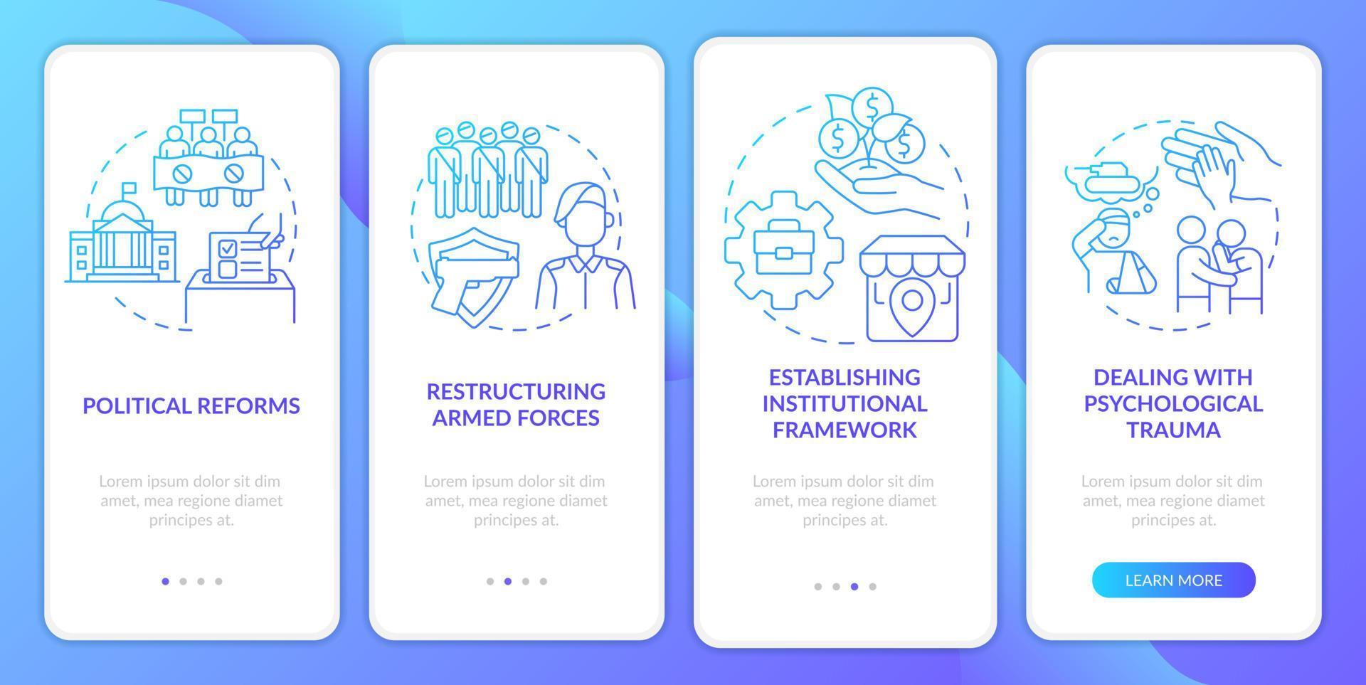 War-torn nation restoration blue gradient onboarding mobile app screen. Walkthrough 4 steps graphic instructions pages with linear concepts. UI, UX, GUI template. vector