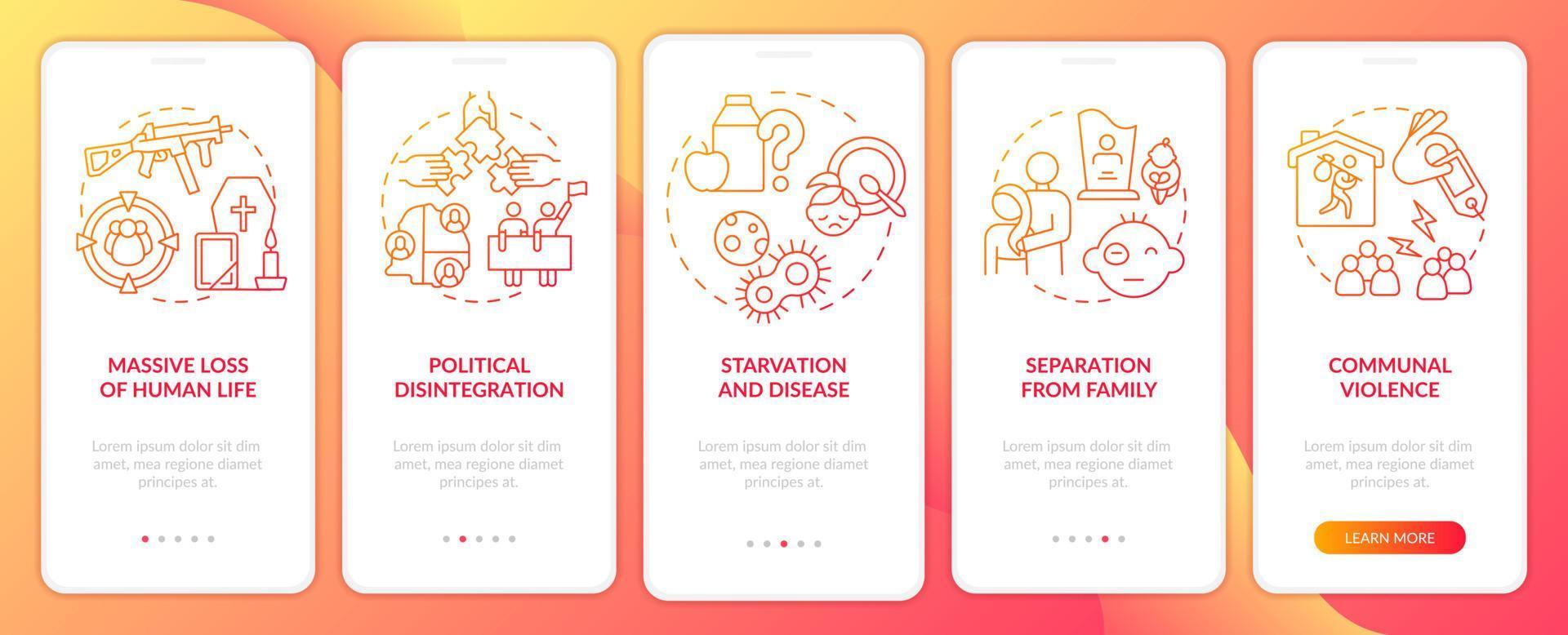 Armed conflicts outcomes red gradient onboarding mobile app screen. Walkthrough 5 steps graphic instructions pages with linear concepts. UI, UX, GUI template. vector