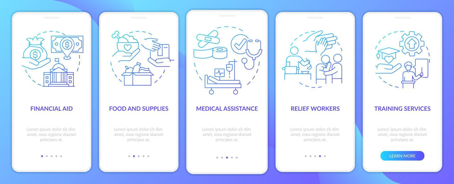 Government assistance types blue gradient onboarding mobile app screen. Walkthrough 5 steps graphic instructions pages with linear concepts. UI, UX, GUI template. vector