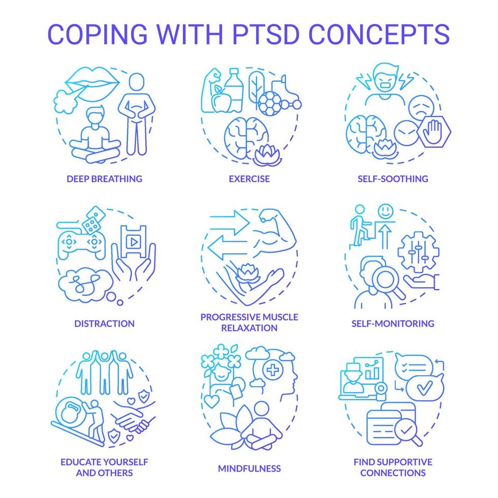 Coping with PTSD blue gradient concept icons set. Mental health. Psychotherapy service idea thin line color illustrations. Isolated symbols. Editable stroke. vector