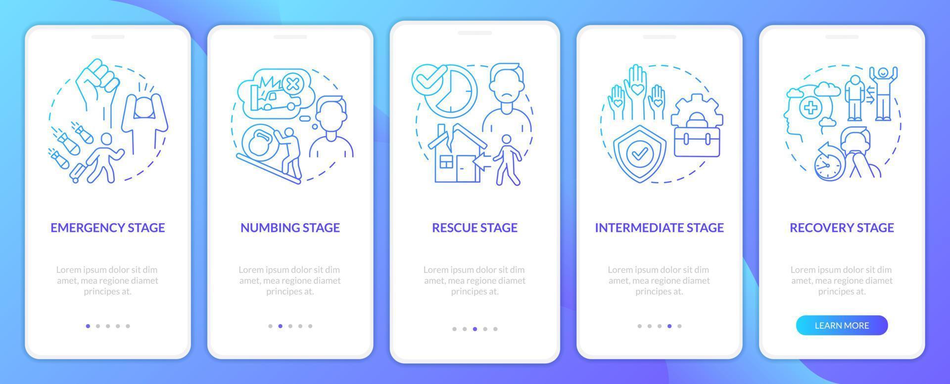PTSD stages blue gradient onboarding mobile app screen. Mental disorder walkthrough 5 steps graphic instructions pages with linear concepts. UI, UX, GUI template. vector