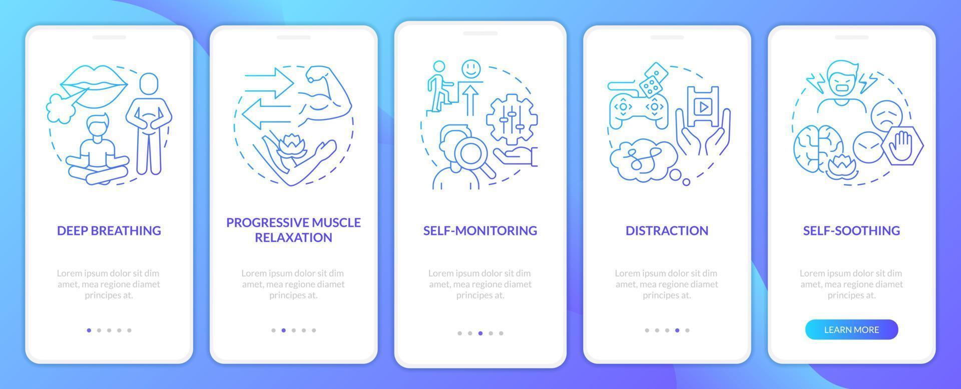 PTSD coping strategies blue gradient onboarding mobile app screen. Trauma walkthrough 5 steps graphic instructions pages with linear concepts. UI, UX, GUI template. vector