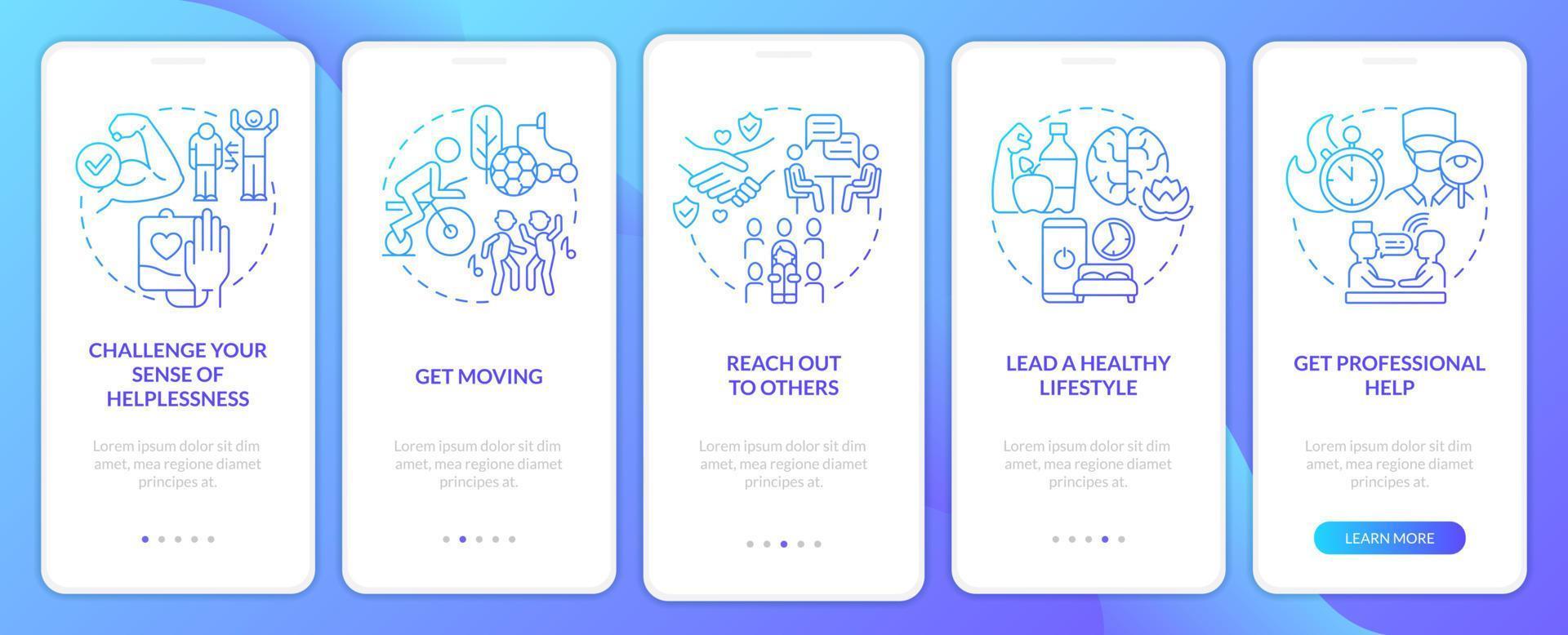 Self-help with PTSD blue gradient onboarding mobile app screen. Healing walkthrough 5 steps graphic instructions pages with linear concepts. UI, UX, GUI template. vector