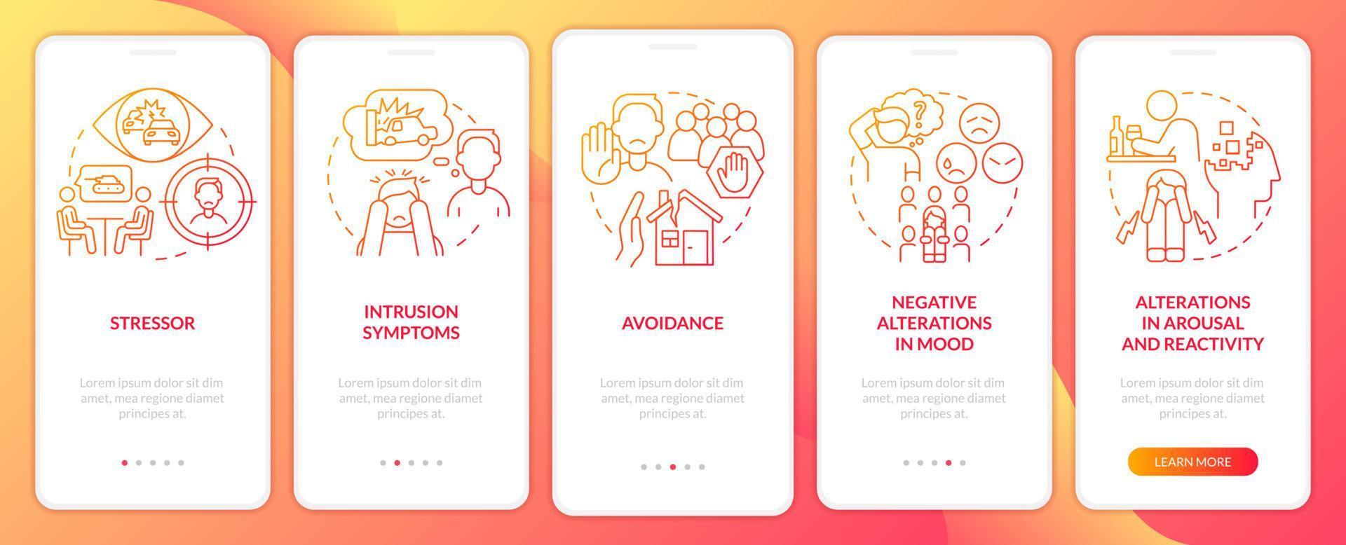 Criterios para la pantalla de aplicación móvil de incorporación de gradiente rojo de ptsd. tutorial de síntomas 5 pasos páginas de instrucciones gráficas con conceptos lineales. interfaz de usuario, ux, plantilla de interfaz gráfica de usuario. vector