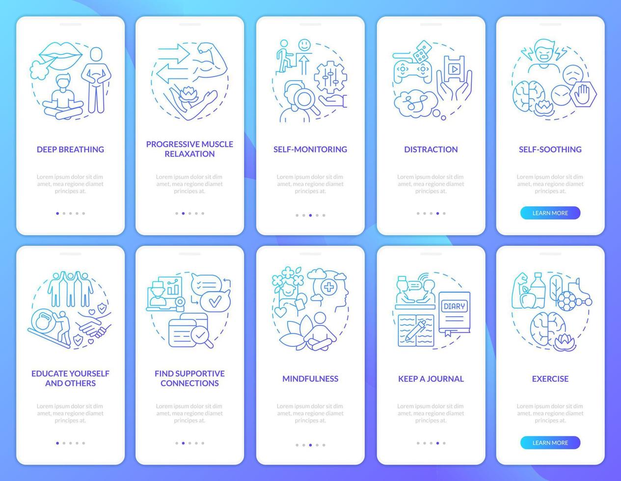 hacer frente al conjunto de pantalla de la aplicación móvil de incorporación de gradiente azul de ptsd. Trauma tutorial 5 pasos páginas de instrucciones gráficas con conceptos lineales. interfaz de usuario, ux, plantilla de interfaz gráfica de usuario. vector