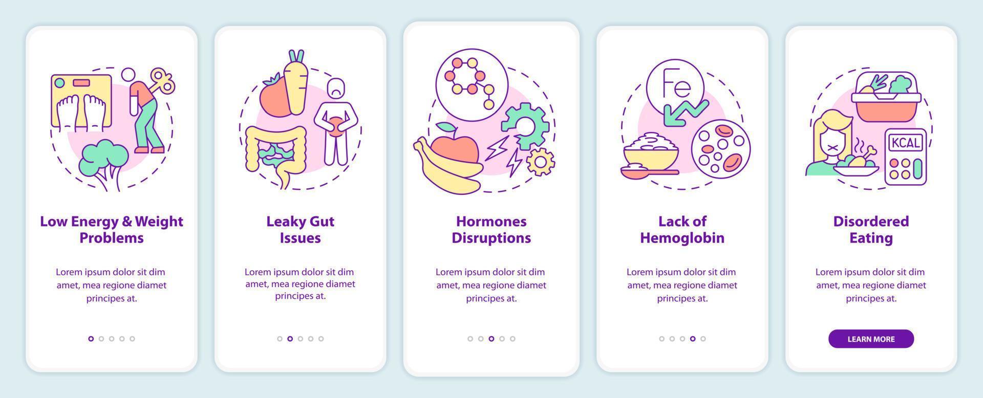 Side effects of veganism onboarding mobile app screen. Walkthrough 5 steps graphic instructions pages with linear concepts. UI, UX, GUI template. vector