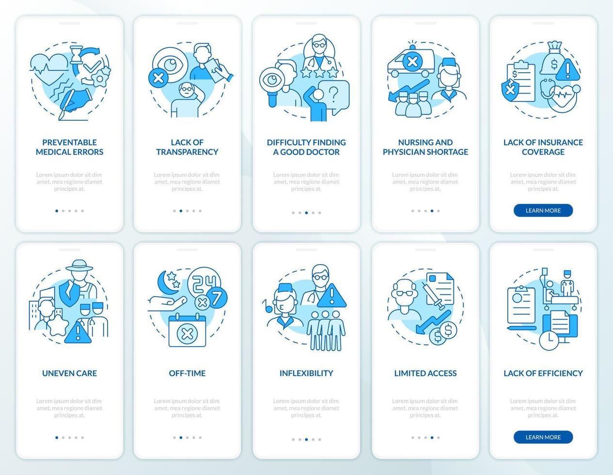 problemas con el conjunto de pantalla de aplicación móvil de incorporación azul del sistema de salud. tutorial 5 pasos páginas de instrucciones gráficas con conceptos lineales. interfaz de usuario, ux, plantilla de interfaz gráfica de usuario. vector