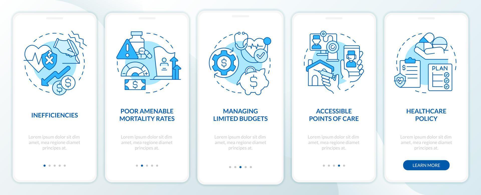 Healthcare system problematic points blue onboarding mobile app screen. Walkthrough 5 steps graphic instructions pages with linear concepts. UI, UX, GUI template. vector