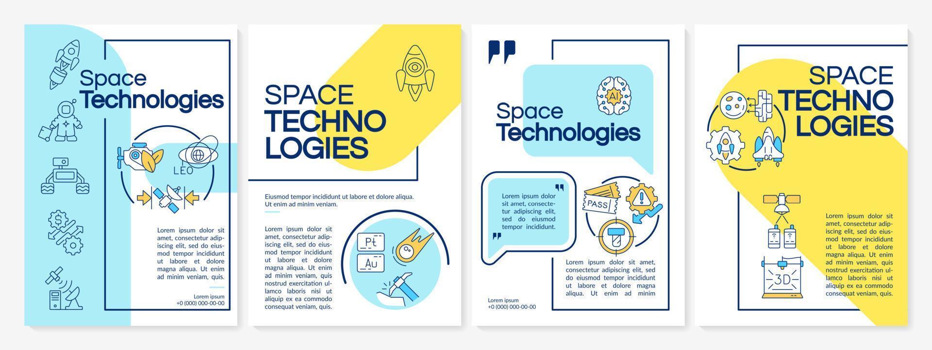 plantilla de folleto azul y amarillo de tecnologías espaciales. equipo para la exploración. diseño de folletos con iconos lineales. 4 diseños vectoriales para presentación, informes anuales. vector