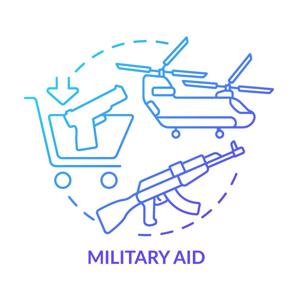 Military aid blue gradient concept icon. Type of international aid abstract idea thin line illustration. Lethal weapons. Guns, aircraft. Isolated outline drawing. vector